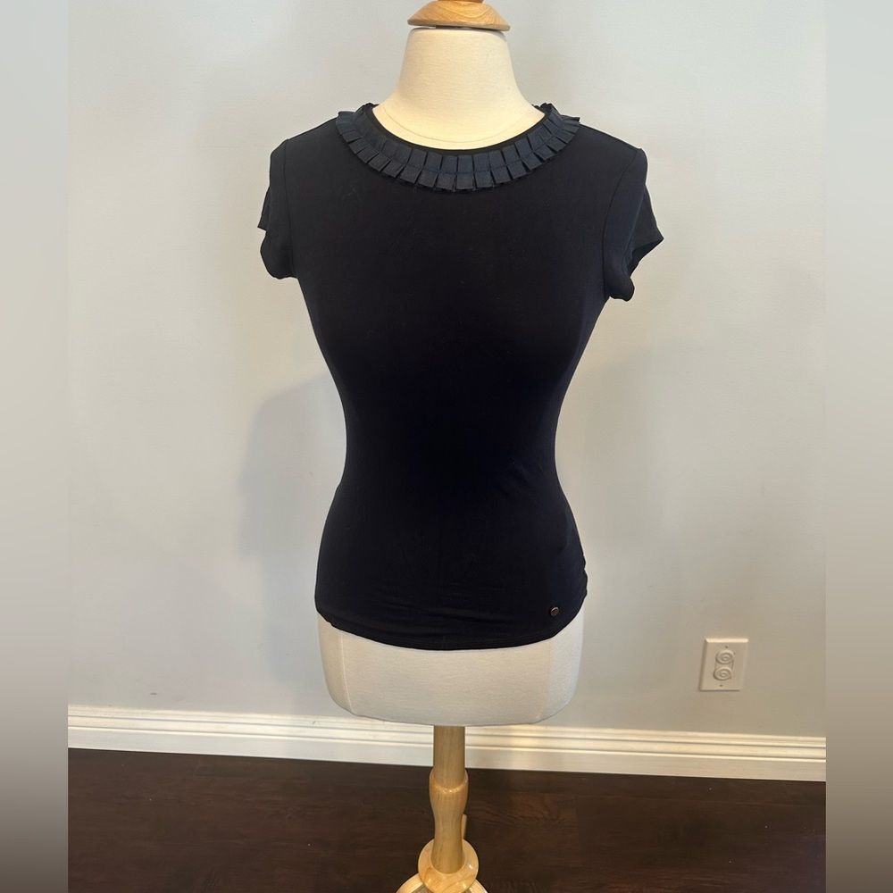 Ted Baker London Women's Navy Blue Tee Shirt with Ribbon Detail Collar Size 1